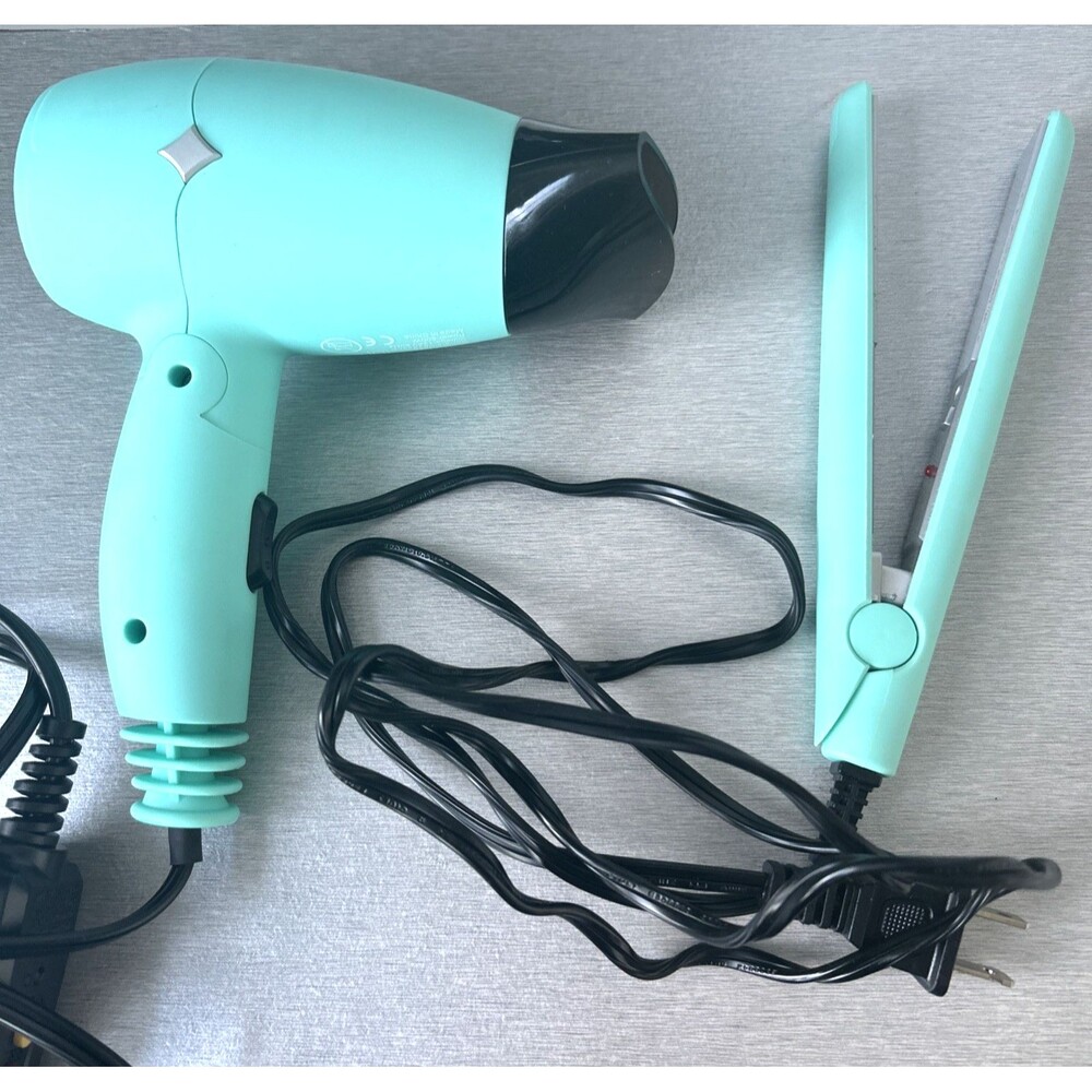 Two Piece Hair Travel Set Flat Iron Hair Straightener, Hair dryer Mini Size Aqua